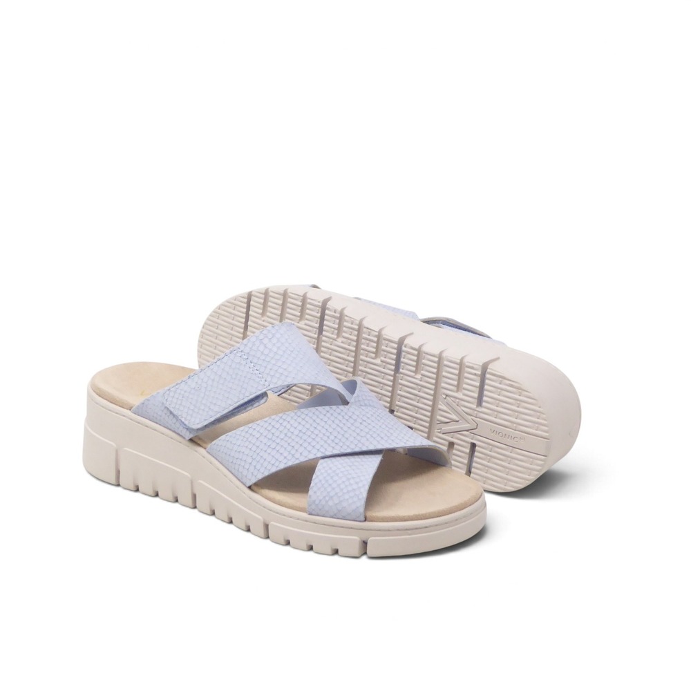 NEW Vionic Womens Uptown Sunset Slide Sandals Blue Mist Snake Embossed 10